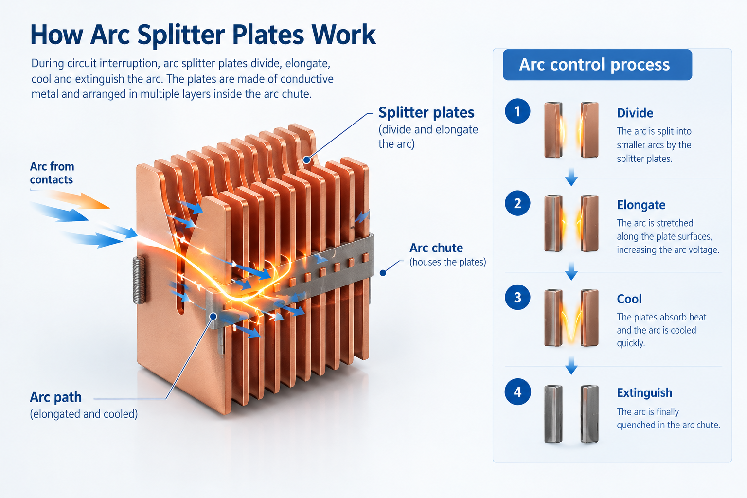 Arc chute splitter plates dividing and cooling electrical arc
