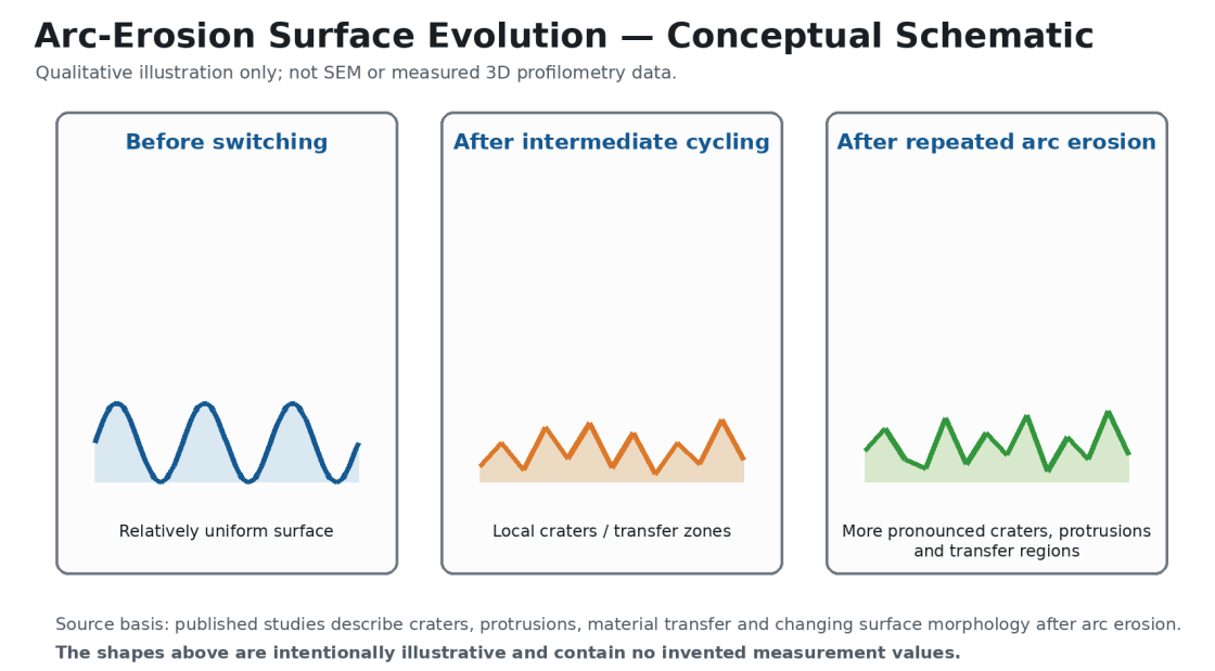  Conceptual illustration of electrical contact surface evolution during repeated arc erosion