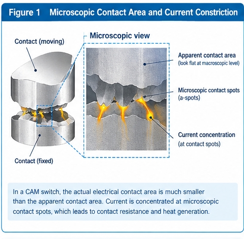 Figure 1. Conceptual illustration of apparent contact area, microscopic contact spots and current constriction.